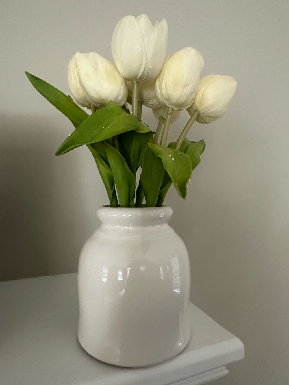 White Ceramic Vase with Cream Tulip Stems